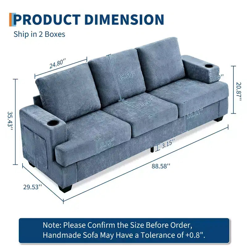 Divano a 3 posti Moderno 89 pollici per Soggiorno, Comodo Divano con Seduta Profonda, Divano in ciniglia con Portabicchieri e Tasche Laterali per Appartamento o Lounge