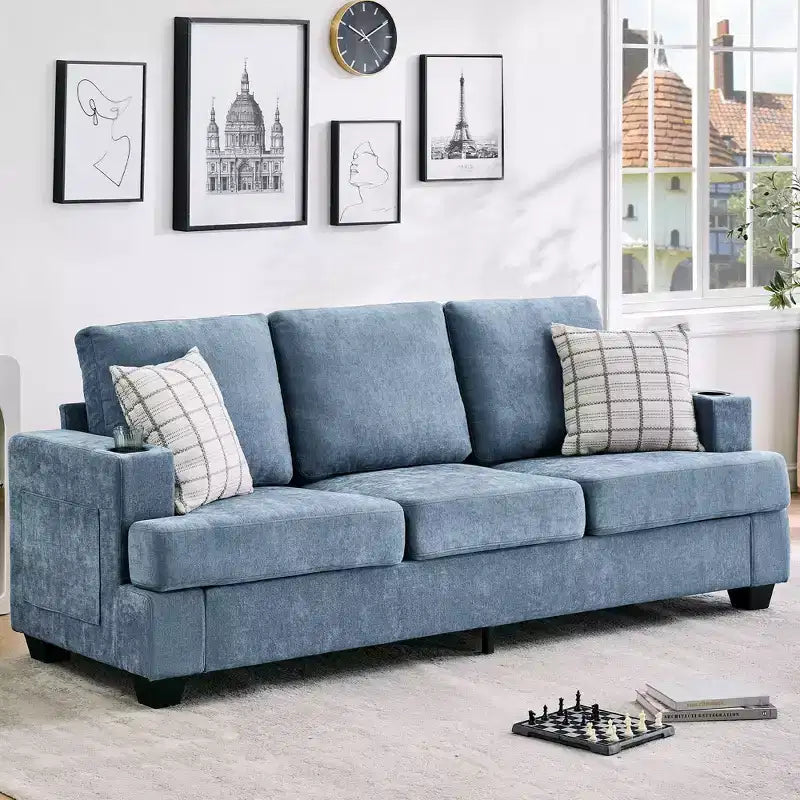 Divano a 3 posti Moderno 89 pollici per Soggiorno, Comodo Divano con Seduta Profonda, Divano in ciniglia con Portabicchieri e Tasche Laterali per Appartamento o Lounge