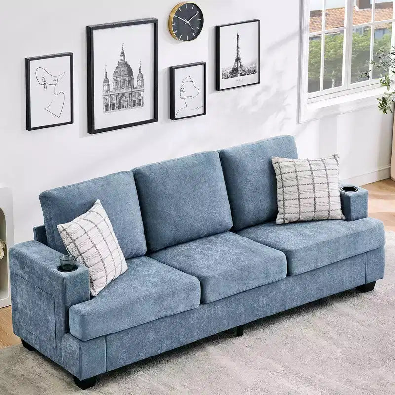 Divano a 3 posti Moderno 89 pollici per Soggiorno, Comodo Divano con Seduta Profonda, Divano in ciniglia con Portabicchieri e Tasche Laterali per Appartamento o Lounge