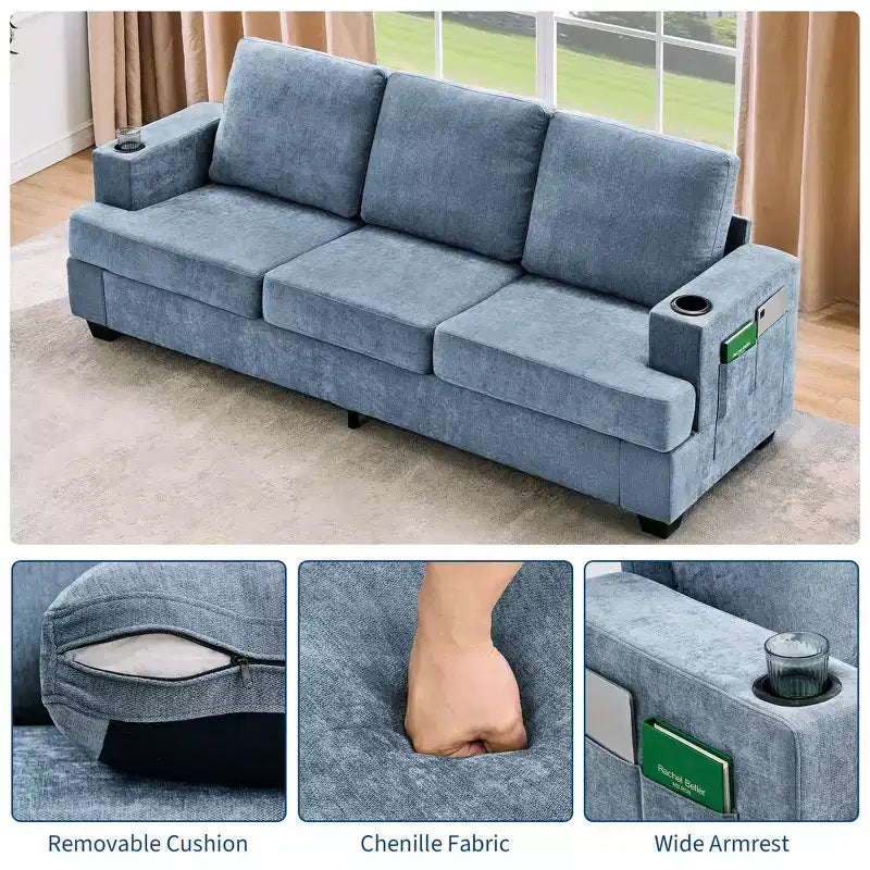 Divano a 3 posti Moderno 89 pollici per Soggiorno, Comodo Divano con Seduta Profonda, Divano in ciniglia con Portabicchieri e Tasche Laterali per Appartamento o Lounge