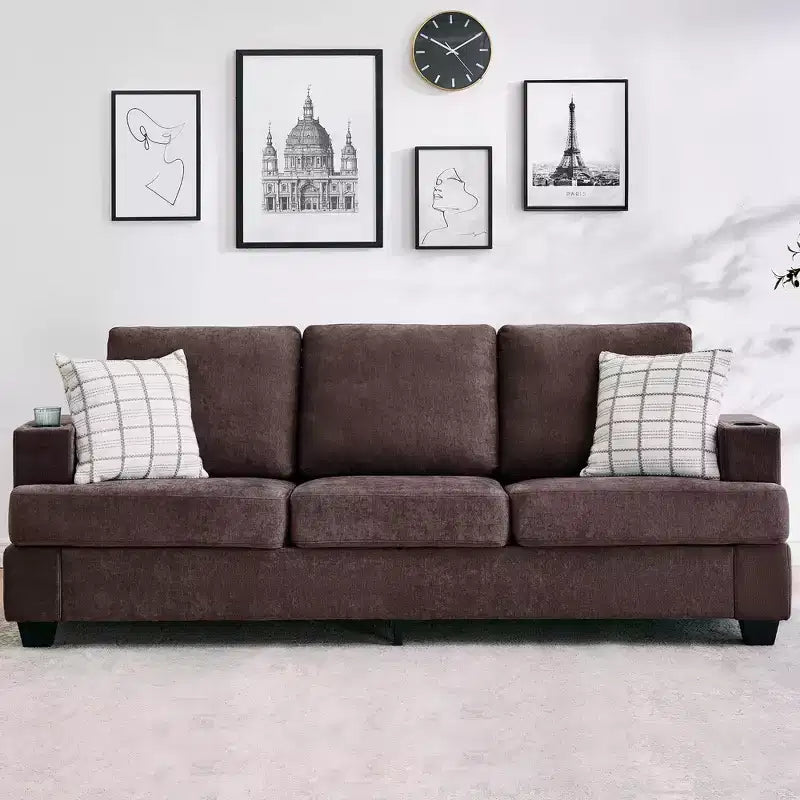 Divano a 3 posti Moderno 89 pollici per Soggiorno, Comodo Divano con Seduta Profonda, Divano in ciniglia con Portabicchieri e Tasche Laterali per Appartamento o Lounge
