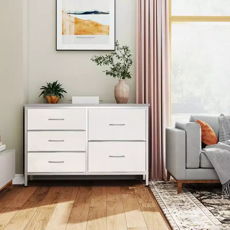 JIONJOY Comodino a 5 cassetti in tessuto - Organizer facile da montare per camera da letto, armadio e ufficio, telaio moderno in ferro battuto