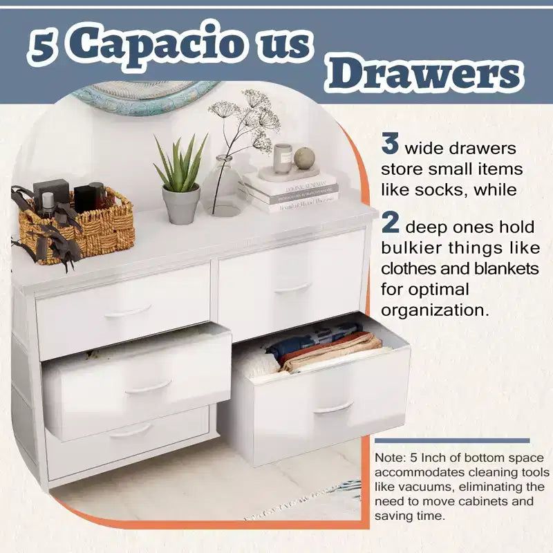 JIONJOY Comodino a 5 cassetti in tessuto - Organizer facile da montare per camera da letto, armadio e ufficio, telaio moderno in ferro battuto
