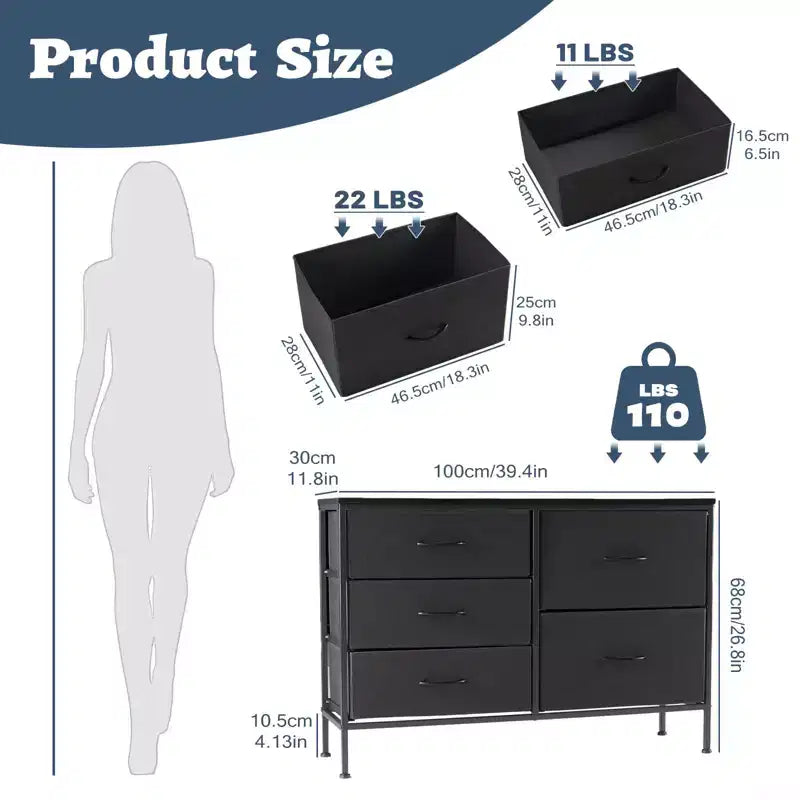JIONJOY Comodino a 5 cassetti in tessuto - Organizer facile da montare per camera da letto, armadio e ufficio, telaio moderno in ferro battuto