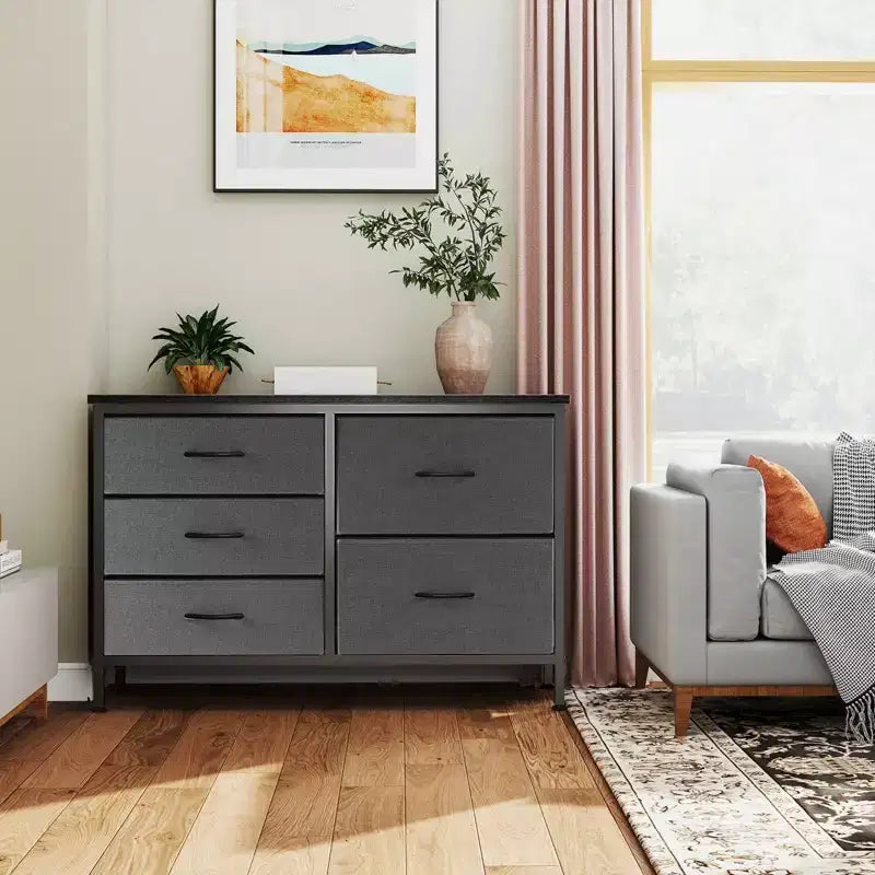 JIONJOY Comodino a 5 cassetti in tessuto - Organizer facile da montare per camera da letto, armadio e ufficio, telaio moderno in ferro battuto