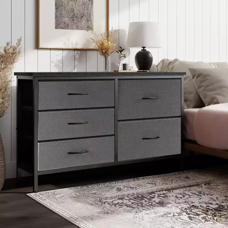 JIONJOY Comodino a 5 cassetti in tessuto - Organizer facile da montare per camera da letto, armadio e ufficio, telaio moderno in ferro battuto