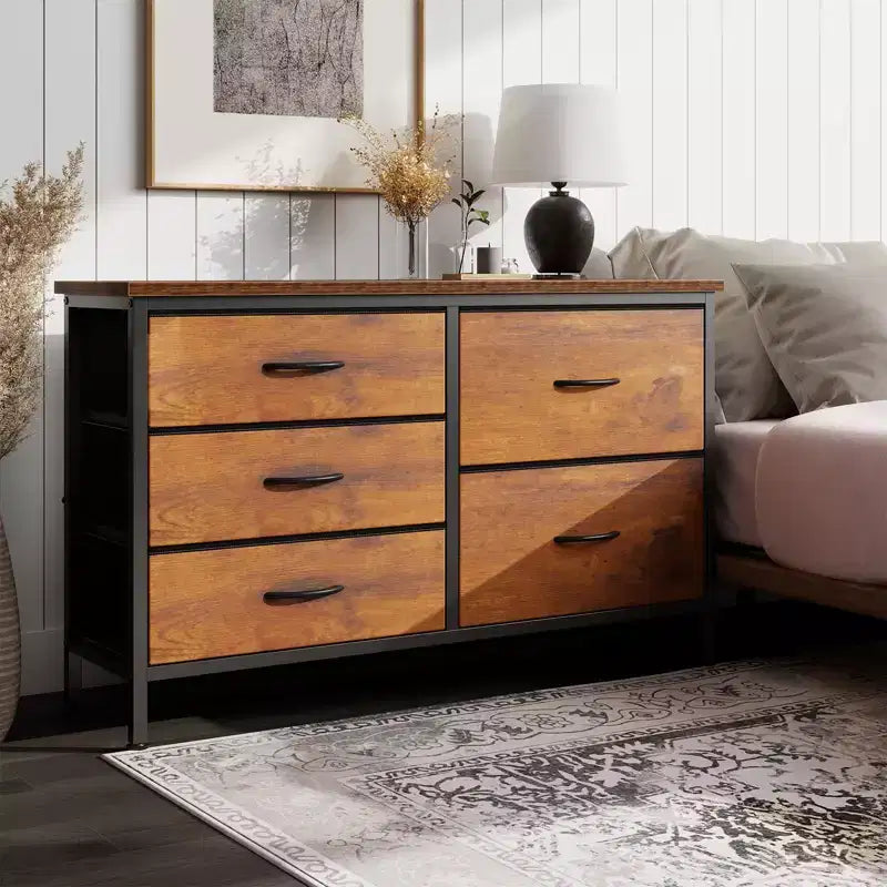 JIONJOY Comodino a 5 cassetti in tessuto - Organizer facile da montare per camera da letto, armadio e ufficio, telaio moderno in ferro battuto