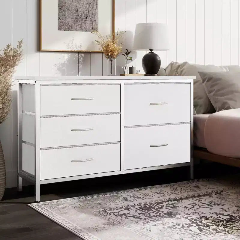 JIONJOY Comodino a 5 cassetti in tessuto - Organizer facile da montare per camera da letto, armadio e ufficio, telaio moderno in ferro battuto