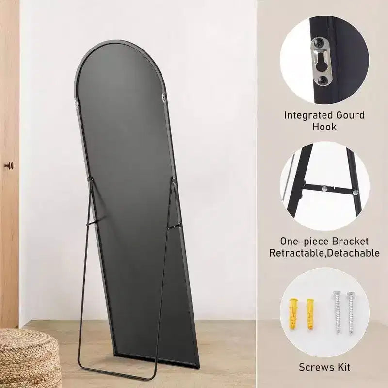 64.1x21.5 Specchio ad arco nero - Cornice in alluminio con supporto. A figura intera per appendere, appoggiare o stare in piedi