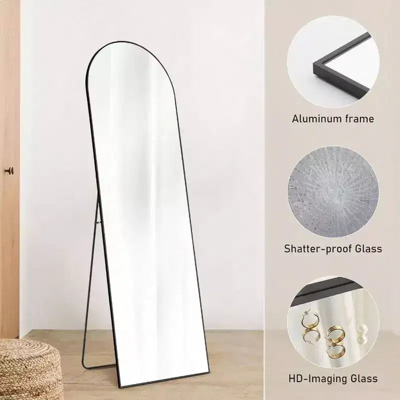 64.1x21.5 Specchio ad arco nero - Cornice in alluminio con supporto. A figura intera per appendere, appoggiare o stare in piedi
