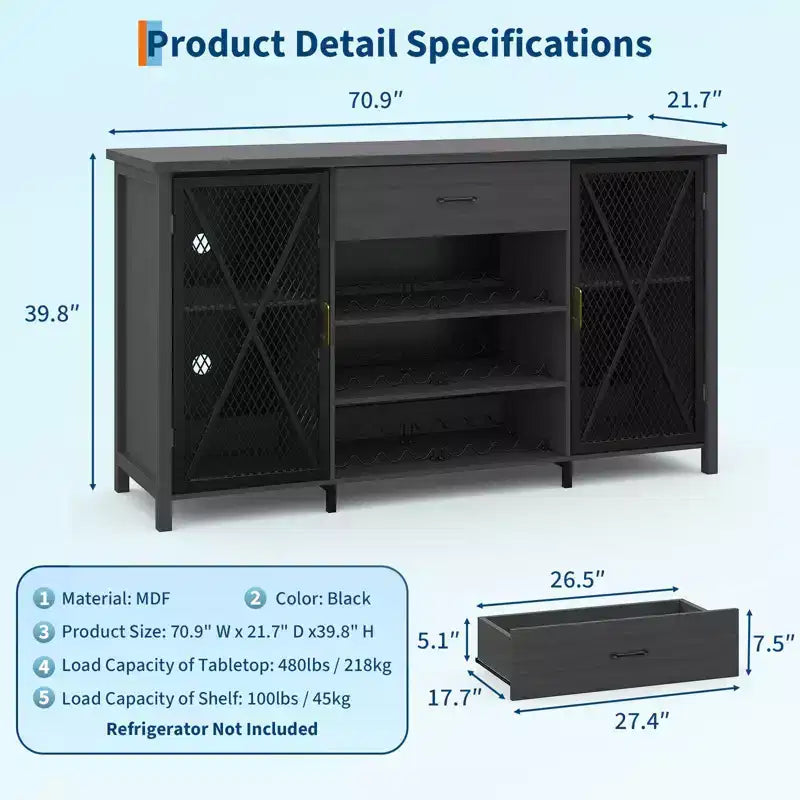 Mobile Credenza Bar da Caffè 71 con Spazio per Frigo, Portabottiglie, Cassetti per Cucina e Sala da Pranzo, Design Moderno in Legno e Metallo-Nero