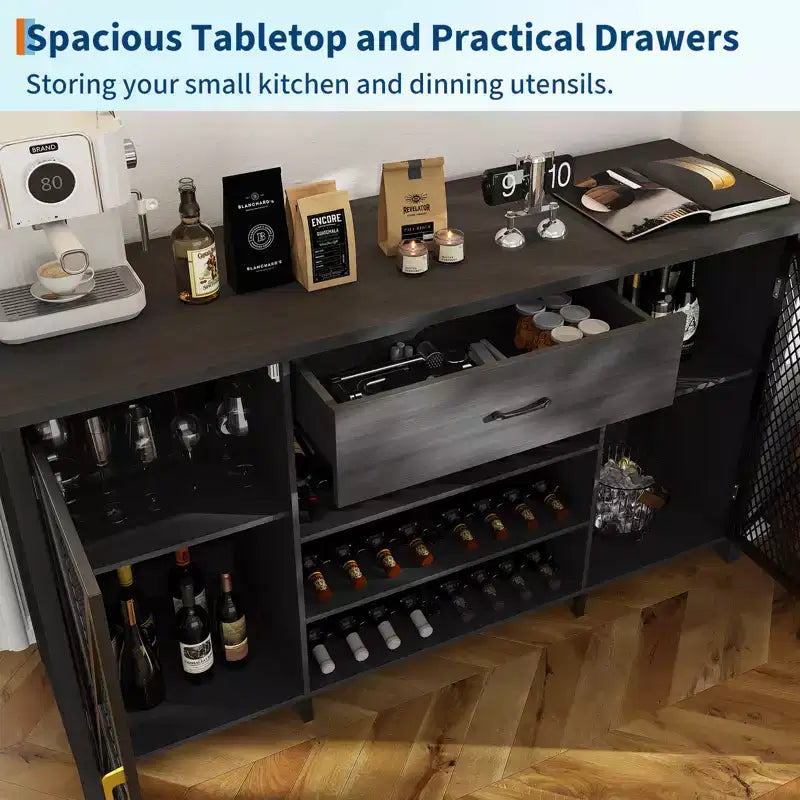 Mobile Credenza Bar da Caffè 71 con Spazio per Frigo, Portabottiglie, Cassetti per Cucina e Sala da Pranzo, Design Moderno in Legno e Metallo-Nero