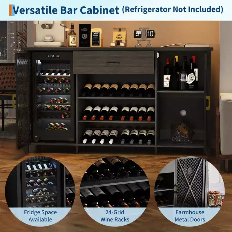 Mobile Credenza Bar da Caffè 71 con Spazio per Frigo, Portabottiglie, Cassetti per Cucina e Sala da Pranzo, Design Moderno in Legno e Metallo-Nero