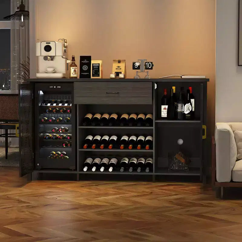 Mobile Credenza Bar da Caffè 71 con Spazio per Frigo, Portabottiglie, Cassetti per Cucina e Sala da Pranzo, Design Moderno in Legno e Metallo-Nero