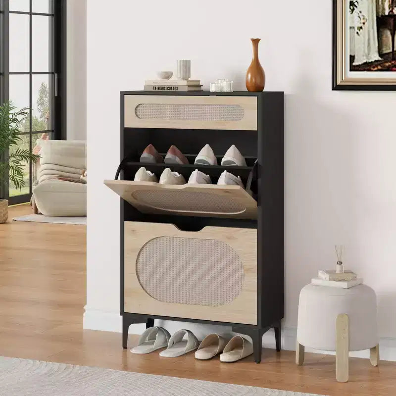 Rattan Shoe Cabinet with 3 Drawers - Flip & Pull-Out Design, 3 Adjustable Shelves, Narrow Free-Standing Storage for Entryway and Porch