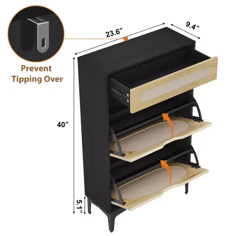 Scarpiera in Rattan con 3 Cassetti - Design Ribaltabile ed Estraibile, 3 Ripiani Regolabili, Mobile Stretto Salvaspazio per Ingresso e Veranda