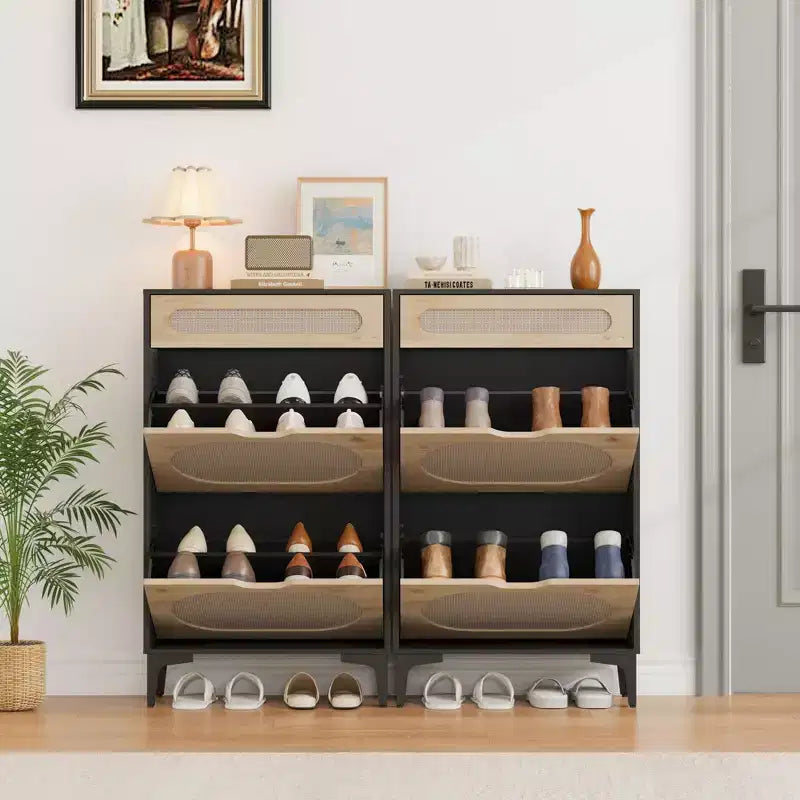 Scarpiera in Rattan con 3 Cassetti - Design Ribaltabile ed Estraibile, 3 Ripiani Regolabili, Mobile Stretto Salvaspazio per Ingresso e Veranda
