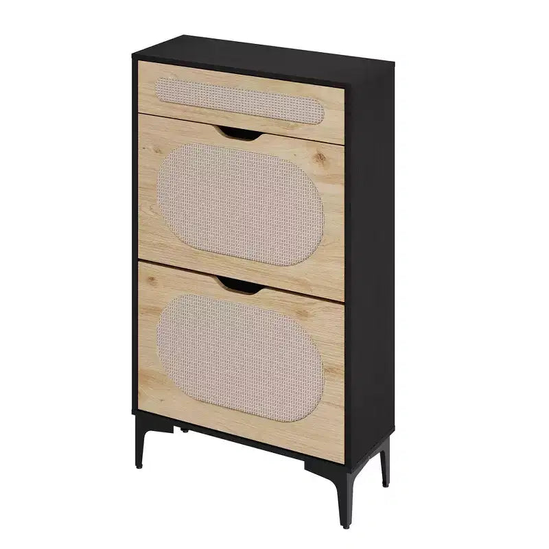 Scarpiera in Rattan con 3 Cassetti - Design Ribaltabile ed Estraibile, 3 Ripiani Regolabili, Mobile Stretto Salvaspazio per Ingresso e Veranda