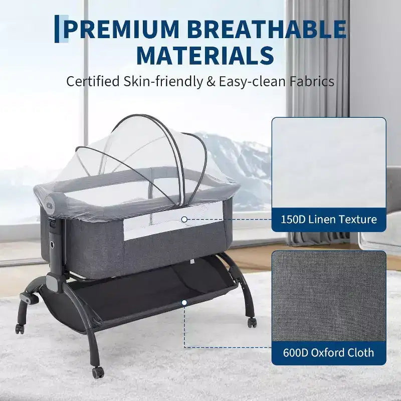 Acekool Culla Neonato, 3-in-1 Lettino Fianco Letto con Zanzariera, Lettino da Viaggio con Rete e Altezza Regolabile