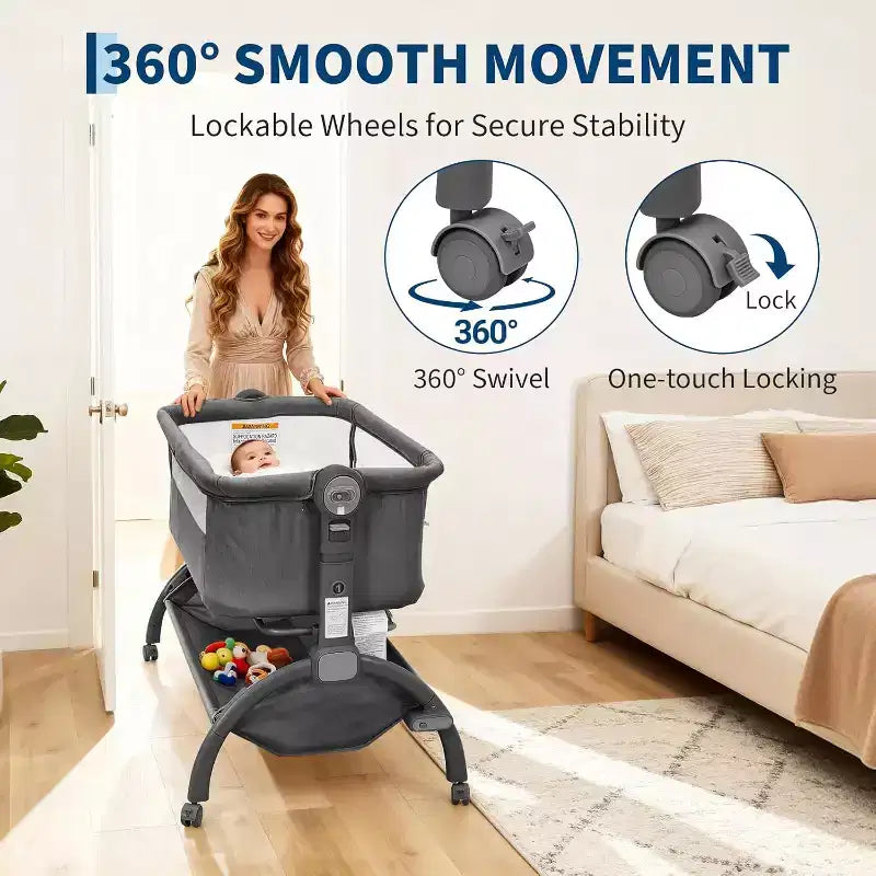 Acekool Culla Neonato, 3-in-1 Lettino Fianco Letto con Zanzariera, Lettino da Viaggio con Rete e Altezza Regolabile