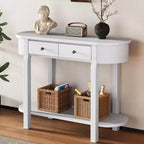 Tavolo Consolle Curvo 100 cm, Tavolo da Divano da Ingresso in Legno Stile Rustico Retrò con Ripiano Contenitore e Cassetto per Soggiorno Corridoio, Bianco Anticato