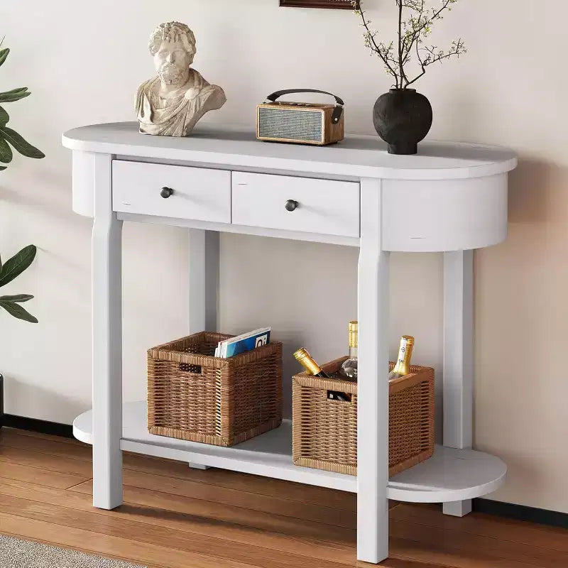 Tavolo Consolle Curvo 100 cm, Tavolo da Divano da Ingresso in Legno Stile Rustico Retrò con Ripiano Contenitore e Cassetto per Soggiorno Corridoio, Bianco Anticato