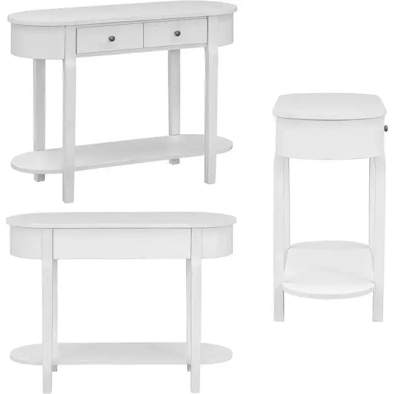 Tavolo Consolle Curvo 100 cm, Tavolo da Divano da Ingresso in Legno Stile Rustico Retrò con Ripiano Contenitore e Cassetto per Soggiorno Corridoio, Bianco Anticato