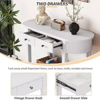 Tavolo Consolle Curvo 100 cm, Tavolo da Divano da Ingresso in Legno Stile Rustico Retrò con Ripiano Contenitore e Cassetto per Soggiorno Corridoio, Bianco Anticato