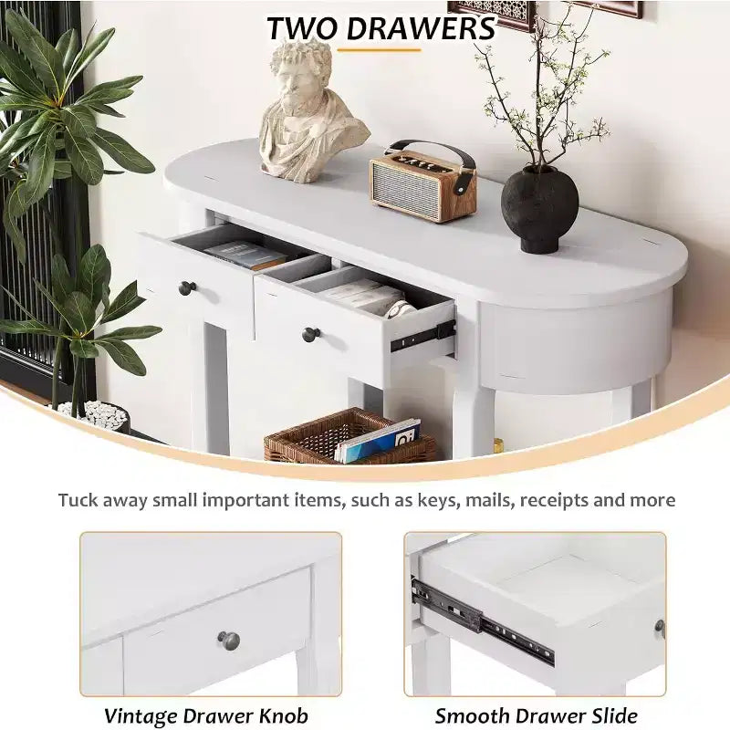 Tavolo Consolle Curvo 100 cm, Tavolo da Divano da Ingresso in Legno Stile Rustico Retrò con Ripiano Contenitore e Cassetto per Soggiorno Corridoio, Bianco Anticato