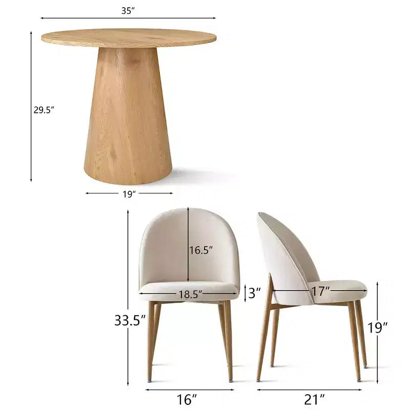 Set da bistrò moderno in rovere impiallacciato, tavolo a piedistallo rotondo da 35 pollici e 2 sedie da pranzo con schienale curvo per sale da pranzo in appartamento-Panipeachy