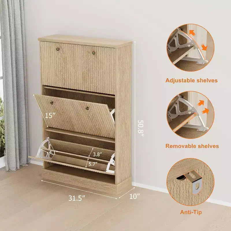 Moderno Scarpiera a 3 Ante a Scomparsa con Design Scanalato. Ripiani Regolabili in un Organizer Stretto Autoportante per Ingresso o Corridoio.
