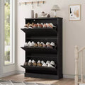 Modern 3-Door Flip-Down Shoe Cabinet with Fluted Design. Adjustable Shelves in a Narrow Freestanding Organizer for Entryway or Hallway.
