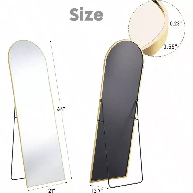 Specchio ad arco dorato 64x21 con cornice in alluminio. Uno specchio a figura intera da appoggio o da parete per la camera da letto o il guardaroba