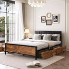 Dyonery retro-style bed frame, leather soft headboard, equipped with wheeled storage drawers, anti-slip foot pads and noise reduction design