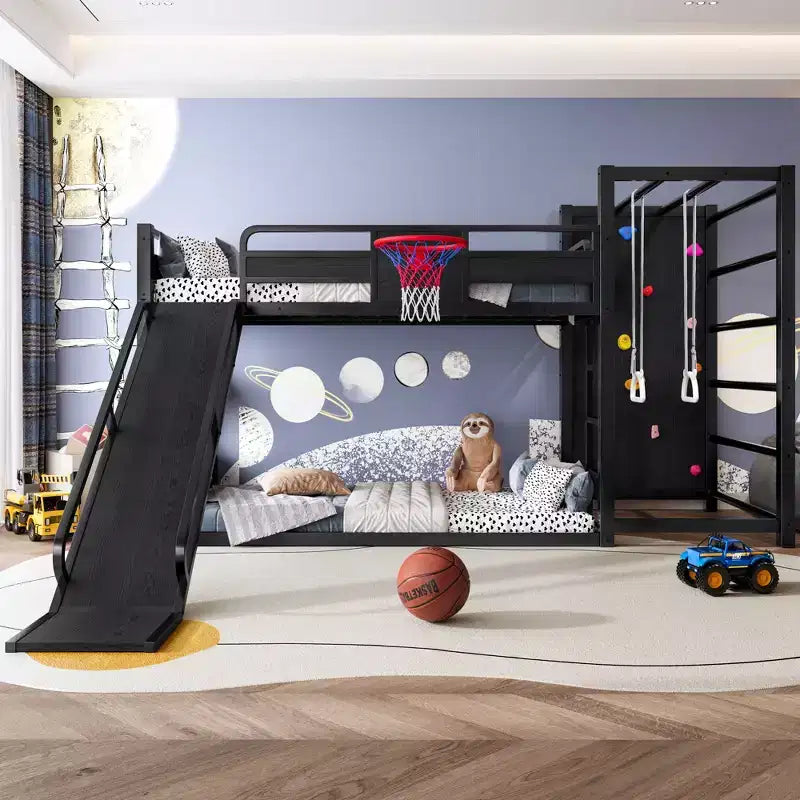 Twin/Full Metal Loft Bed, Playful Kids Bunk Bed with Basketball Hoop, Slide, Climbing Wall & Bookshelves, Black - ModernLuxe