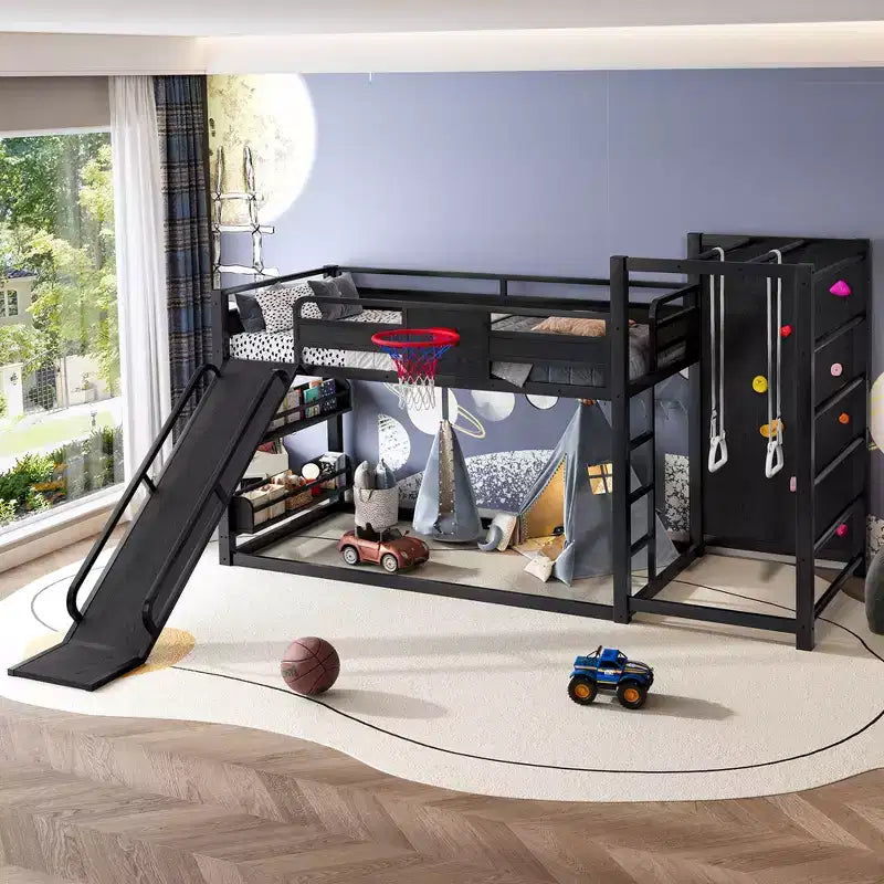 Letto a soppalco in metallo matrimoniale/una piazza e mezza, divertente letto a castello per bambini con canestro da basket, scivolo, parete da arrampicata e librerie, nero - ModernLuxe