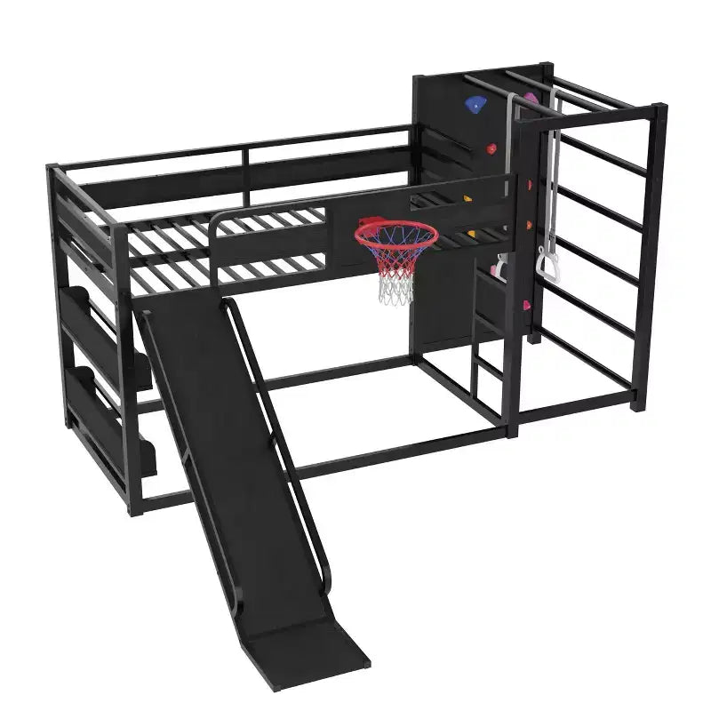 Letto a soppalco in metallo matrimoniale/una piazza e mezza, divertente letto a castello per bambini con canestro da basket, scivolo, parete da arrampicata e librerie, nero - ModernLuxe