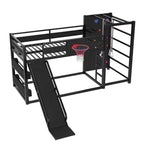 Letto a soppalco in metallo matrimoniale/una piazza e mezza, divertente letto a castello per bambini con canestro da basket, scivolo, parete da arrampicata e librerie, nero - ModernLuxe