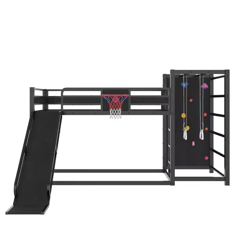 Letto a soppalco in metallo matrimoniale/una piazza e mezza, divertente letto a castello per bambini con canestro da basket, scivolo, parete da arrampicata e librerie, nero - ModernLuxe