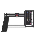 Letto a soppalco in metallo matrimoniale/una piazza e mezza, divertente letto a castello per bambini con canestro da basket, scivolo, parete da arrampicata e librerie, nero - ModernLuxe