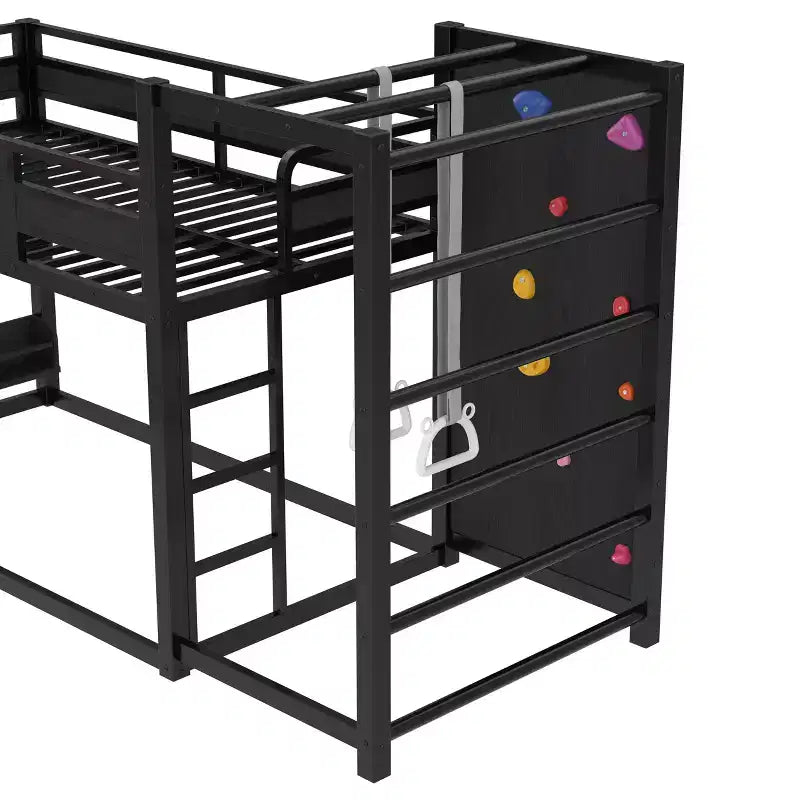 Letto a soppalco in metallo matrimoniale/una piazza e mezza, divertente letto a castello per bambini con canestro da basket, scivolo, parete da arrampicata e librerie, nero - ModernLuxe