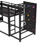 Letto a soppalco in metallo matrimoniale/una piazza e mezza, divertente letto a castello per bambini con canestro da basket, scivolo, parete da arrampicata e librerie, nero - ModernLuxe