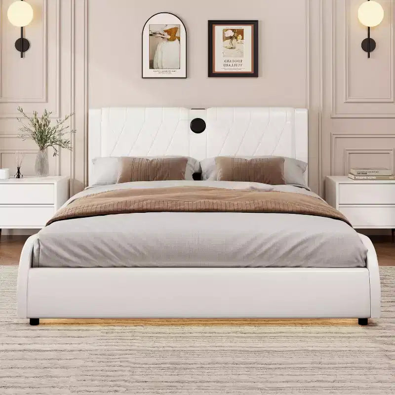 GDFStudio Ford Modern Faux Leather Upholstered Platform Bed with Integrated Bluetooth Speakers and Thickened Headboard