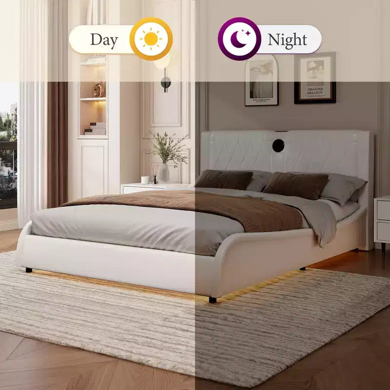 Letto a piattaforma imbottito in ecopelle moderna GDFStudio Ford con altoparlanti Bluetooth integrati e testiera ispessita