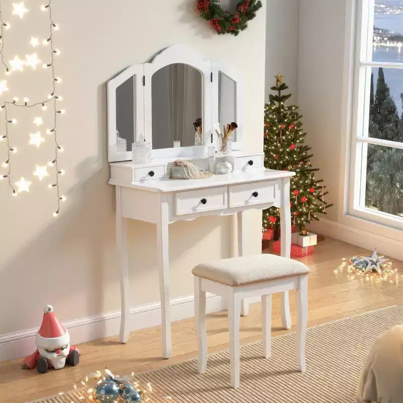 JVNOXK31.5-inch three-sided beveled mirror wooden vanity with two vanity drawers and stool, white