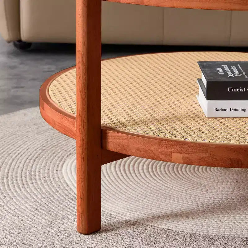 TUYOHW Tavolino da caffè rustico a 2 ripiani con piano in vetro, tavolino rotondo in rattan intrecciato, tavolino basso in stile orientale da 80 cm per soggiorno