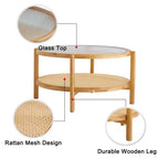 TUYOHW Tavolino da caffè rustico a 2 ripiani con piano in vetro, tavolino rotondo in rattan intrecciato, tavolino basso in stile orientale da 80 cm per soggiorno