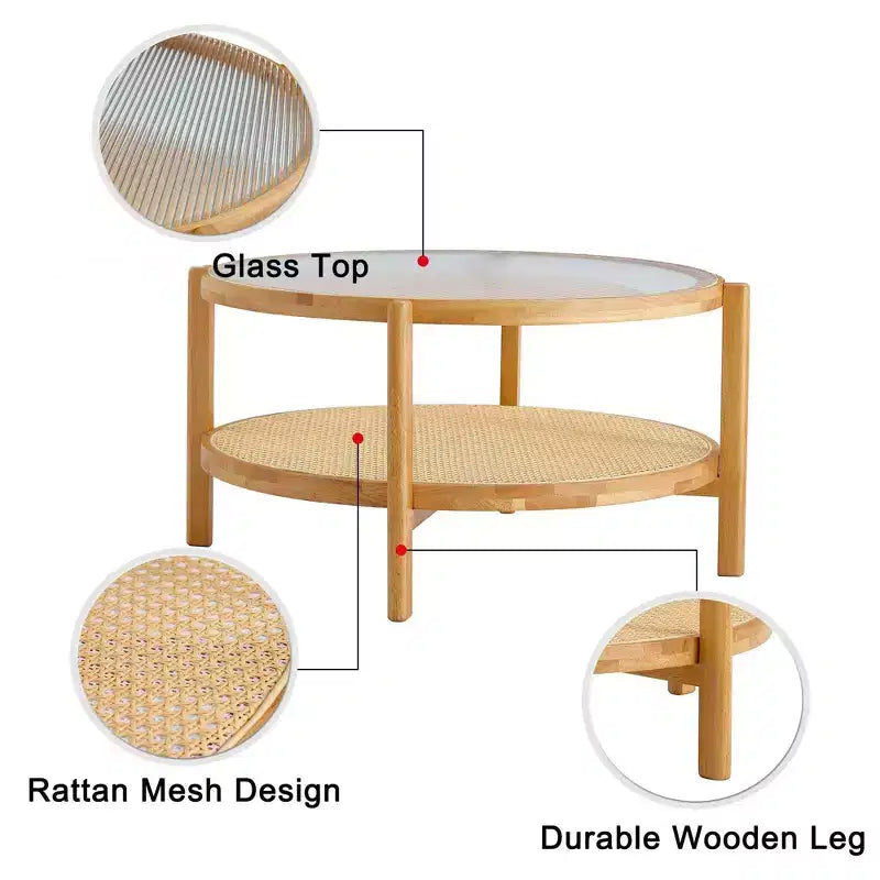 TUYOHW Tavolino da caffè rustico a 2 ripiani con piano in vetro, tavolino rotondo in rattan intrecciato, tavolino basso in stile orientale da 80 cm per soggiorno