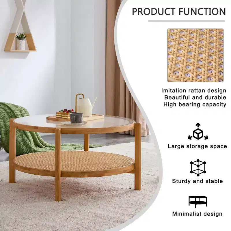 TUYOHW Tavolino da caffè rustico a 2 ripiani con piano in vetro, tavolino rotondo in rattan intrecciato, tavolino basso in stile orientale da 80 cm per soggiorno