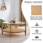 TUYOHW Tavolino da caffè rustico a 2 ripiani con piano in vetro, tavolino rotondo in rattan intrecciato, tavolino basso in stile orientale da 80 cm per soggiorno